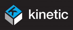 Photo of Kinetic Logo on black background, cube inline with name