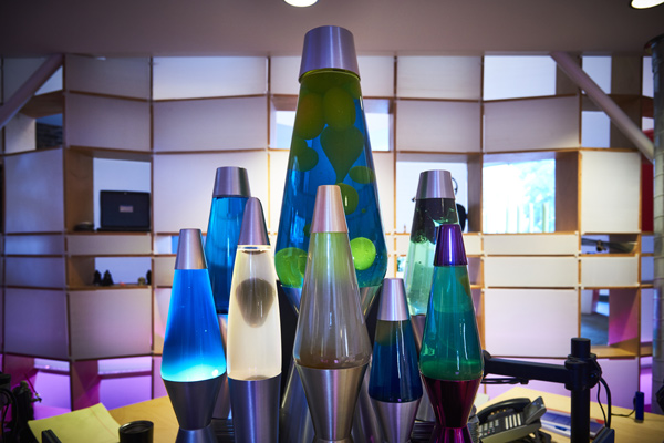 Photo of several lava lamps in the lower part of Kinetic's cube.
