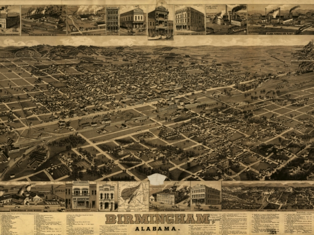 Photo of old drawing of Birmingham with less bridges, several single floor buildings, and lots of open land.