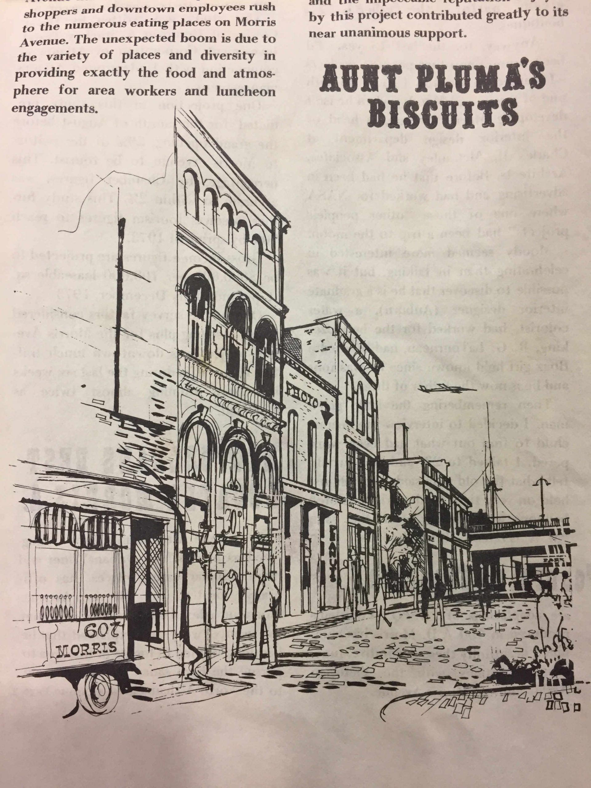 Photo of an old newspaper ad for aunt Pluma's biscuits using Morris Avenue, and Kinetic's current building, as a backdrop.