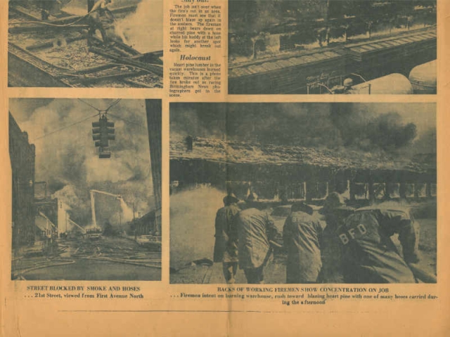 Photo of newspaper article with photos showcasing the firemen fighting the Morris Avenue fire.