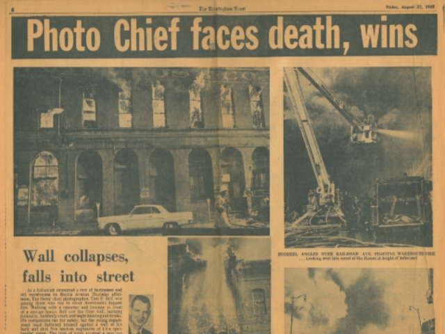 Photo of newspaper clipping on the Morris Avenue fire with the headlinem 'Photo Chief faces death, wins.'